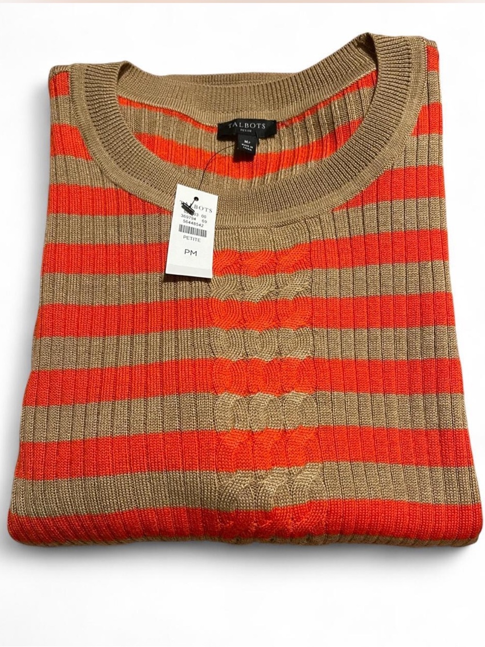 NWT Talbots Cable Knit Striped Sweater Bright Orange & Beige Size: M Petite